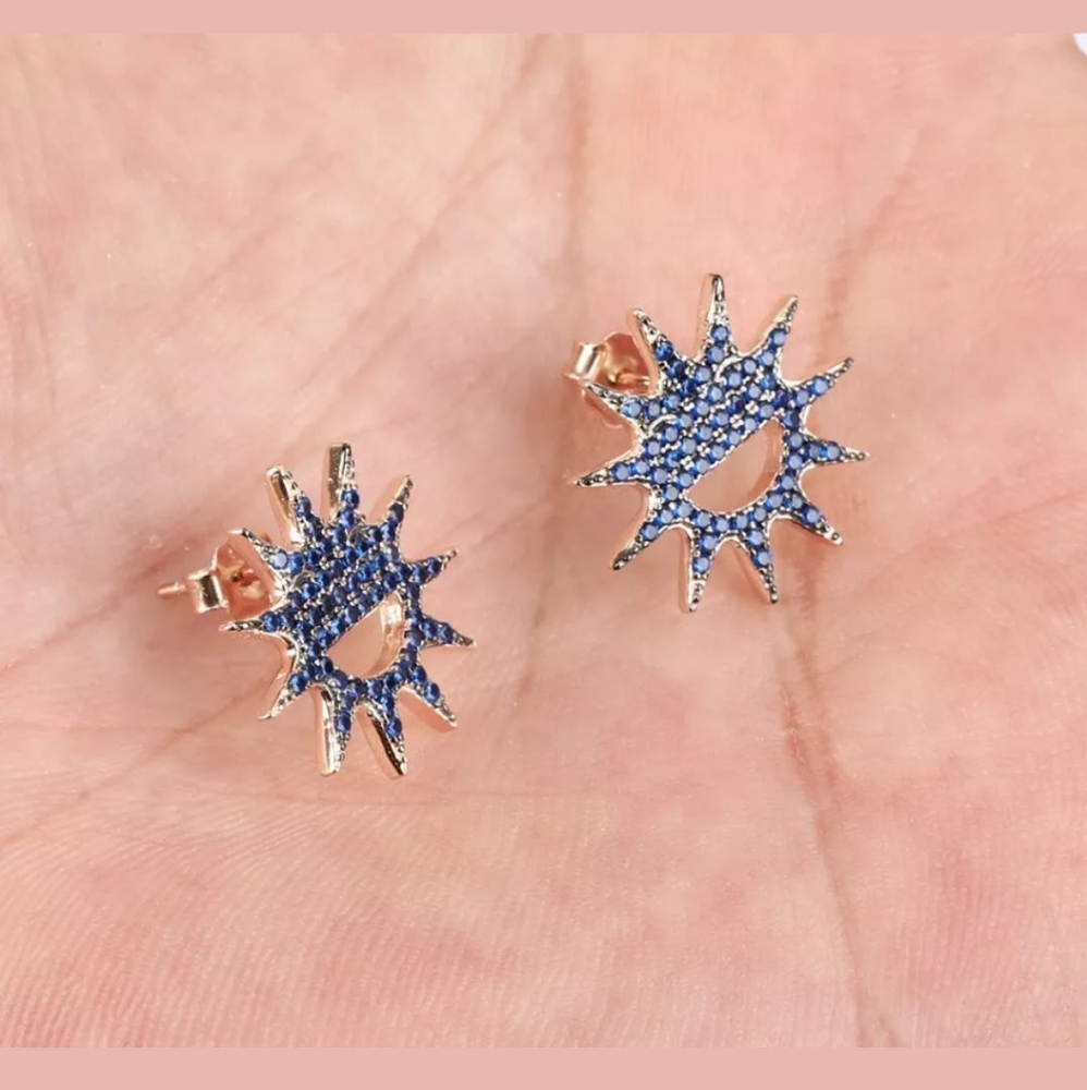 Blue sapphire smiling sun rose gold earrings - Picture 3 of 4